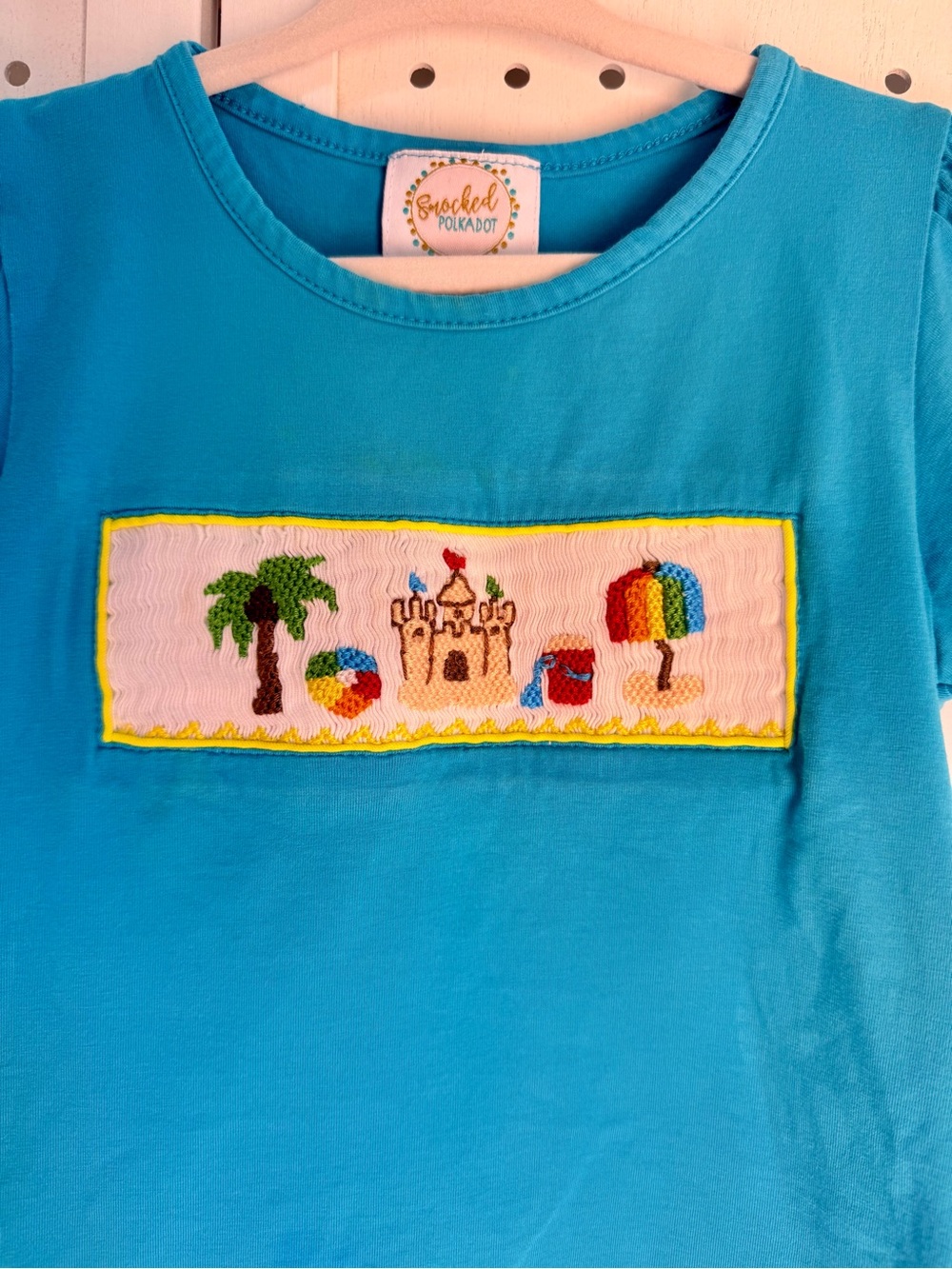 Smocked Polkadot 24M Bright Blue Sandcastle Beach Smocked Short Sleeve Top / Tee - Picture 2 of 4